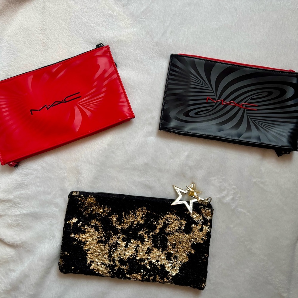 MAC Cosmetics Red, Black, and Gold Cosmetic Bag Trio